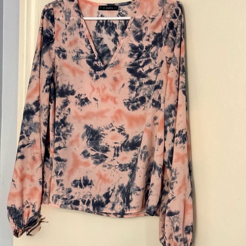 Zaful Pink and Black Graphic Long Sleeve Blouse